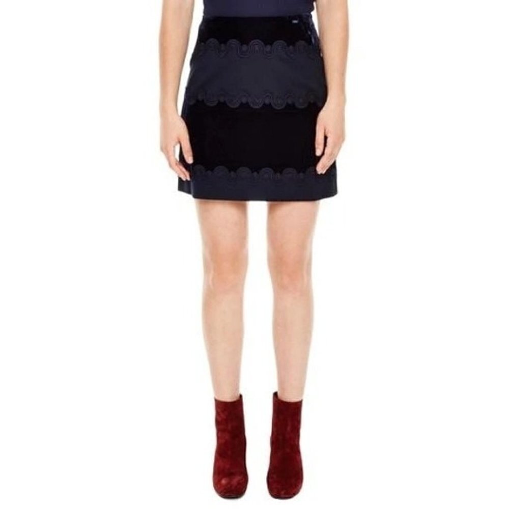 Sandro Cathia Navy Blue Velvet Embroidered Mini Skirt 3/L